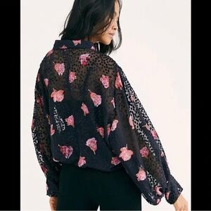 Free People Black and Pink Floral Blouse
